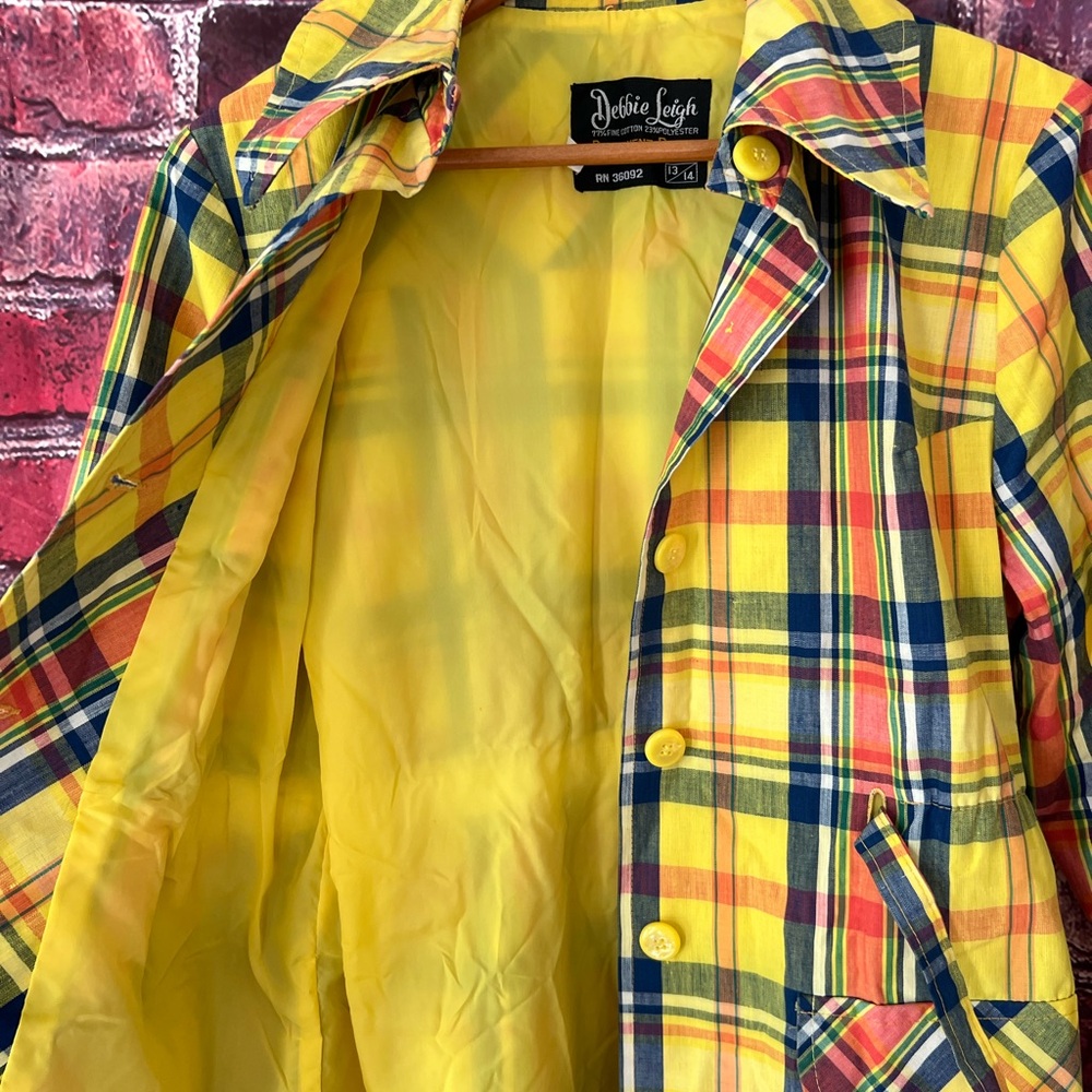 Vintage 60’s Debbie Leigh yellow cotton plaid preppy belted rain coat jacket - Picture 10 of 10